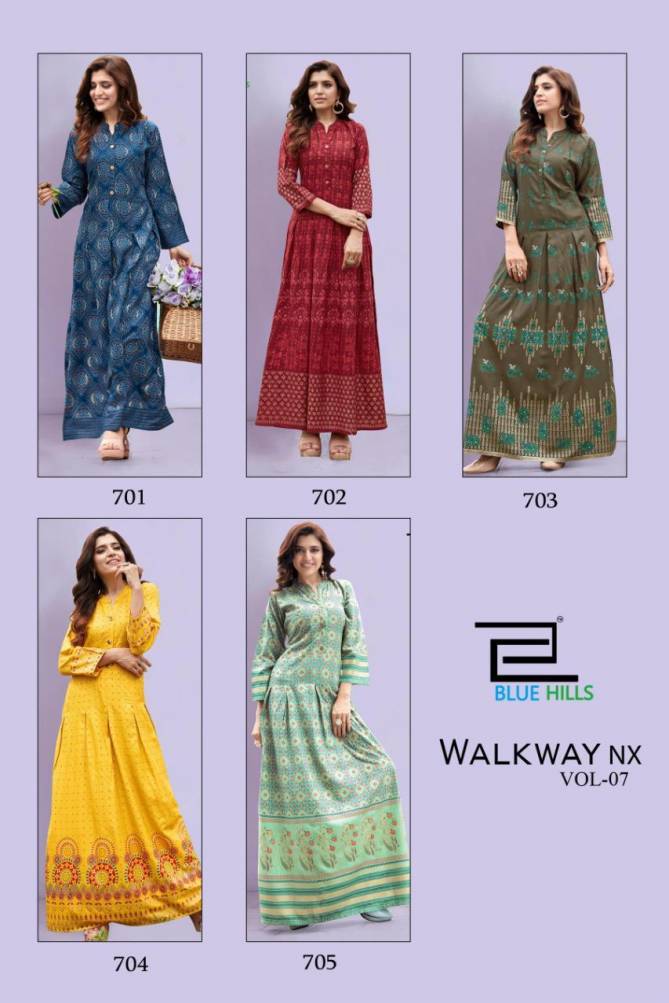 Blue Hills Walkway 7 Fancy Designer Ethnic Wear Printed Rayon Long Kurti Collection
